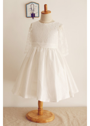 Long Sleeves Ivory Lace Taffeta Knee Length Wedding Flower Girl Dress Long Sleeves Ivory Lace Taffeta Knee Length Wedding Flower Girl Dress